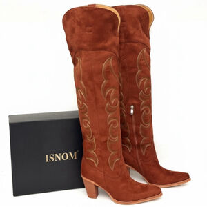 ISNOM Over The Knee Western Cowboy Boots Embroidered Faux Suede Brown 7.5 NWB
